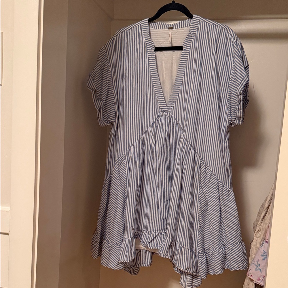 Free People Blue and White Striped V-Neck Tunic Dress